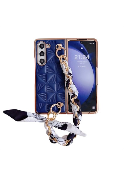 Samsung Galaxy Z Fold5 5g Kılıf Deri + Pc Galvanik Telefon Kılıfı, Şerit Zincir Kayışı-Safir (Yurt Dışından)