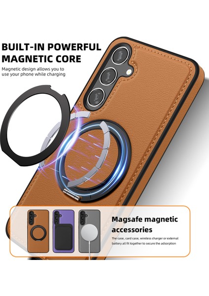 Samsung Galaxy S24+MANYETIK Kılıf Pu Deri Kaplamalı Pc+Tpu Kickstand Telefon Kapağı-Kahverengi (Yurt Dışından)