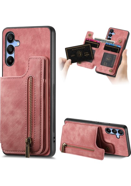 Samsung Galaxy A25 5G(GLOBAL)(161.0 x 76.5 x 8.3mm) Kickstand Kılıf Fermuar Cüzdan Retro Telefon Kapağı-Pembe (Yurt Dışından)