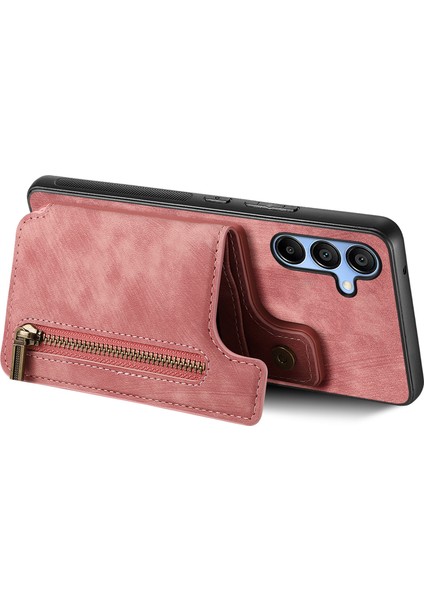 Samsung Galaxy A25 5G(GLOBAL)(161.0 x 76.5 x 8.3mm) Kickstand Kılıf Fermuar Cüzdan Retro Telefon Kapağı-Pembe (Yurt Dışından)