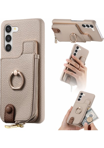 Samsung Galaxy S23 Kılıf Fermuar Rfıd Engelleme Halkası Kickstand Telefon Arka Kapak-Haki (Yurt Dışından)
