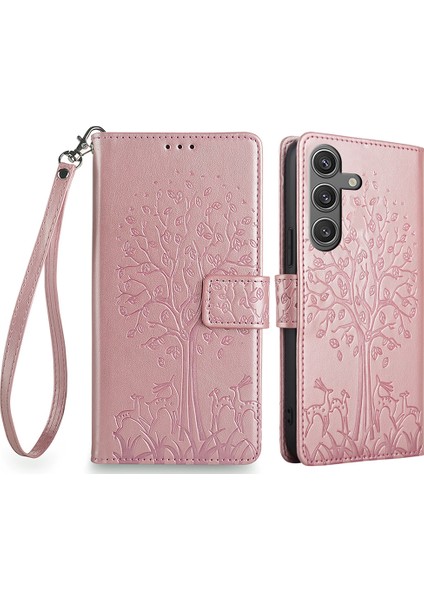 Samsung Galaxy S24 Kılıf Geyik Ağacı Desenli Deri Cüzdan Flip Telefon Kapak-Pembe Altın (Yurt Dışından)