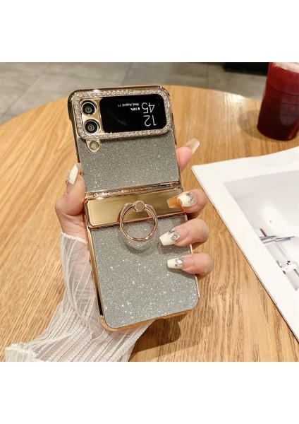 Samsung Galaxy Z Flip3 5g Kickstand Kılıf Glitter Tasarım Taklidi Dekor Sert Pc Telefon Kapağı-Siyah (Yurt Dışından)