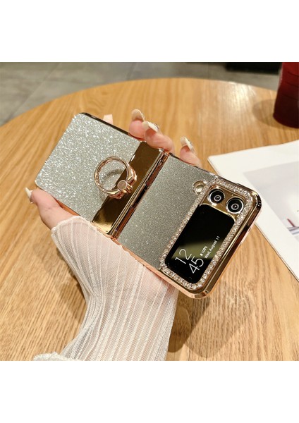 Samsung Galaxy Z Flip3 5g Kickstand Kılıf Glitter Tasarım Taklidi Dekor Sert Pc Telefon Kapağı-Siyah (Yurt Dışından)
