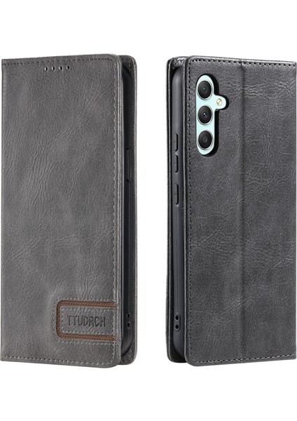 Samsung Galaxy M55 5g Deri Cüzdan Kılıf Rfıd Engellemeli Telefon Kapağı-Gri (Yurt Dışından)