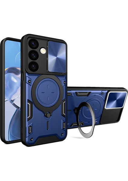 Samsung Galaxy S24+SLAYT Kamera Kapaklı Darbeye Dayanıklı Kılıf+Döndürülebilir Kickstand-Mavi (Yurt Dışından)