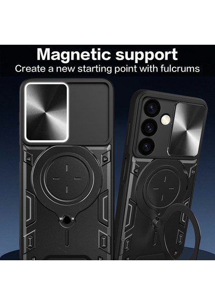 Samsung Galaxy S24+SLAYT Kamera Kapaklı Darbeye Dayanıklı Kılıf+Döndürülebilir Kickstand-Mavi (Yurt Dışından)