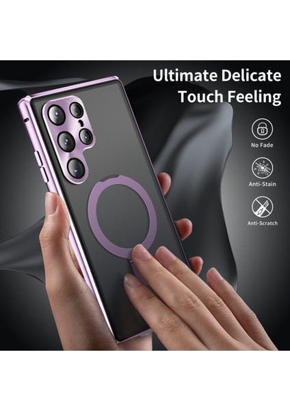 Samsung Galaxy S25 Ultra Kılıf Magsafe Kickstand ile Uyumlu Mat Pc Kılıfı Hd Temperli Cam Filmi-Mor (Yurt Dışından)