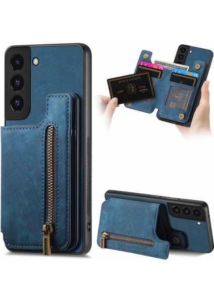 Samsung Galaxy S22+5G Retro Kılıf Kickstand Pu+Tpu Fermuarlı Cüzdan Telefon Kabuğu-Mavi (Yurt Dışından)