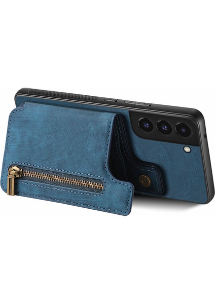 Samsung Galaxy S22+5G Retro Kılıf Kickstand Pu+Tpu Fermuarlı Cüzdan Telefon Kabuğu-Mavi (Yurt Dışından)