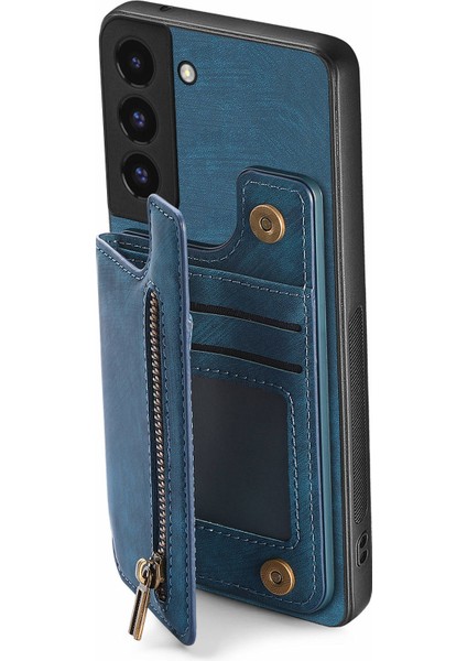 Samsung Galaxy S22+5G Retro Kılıf Kickstand Pu+Tpu Fermuarlı Cüzdan Telefon Kabuğu-Mavi (Yurt Dışından)