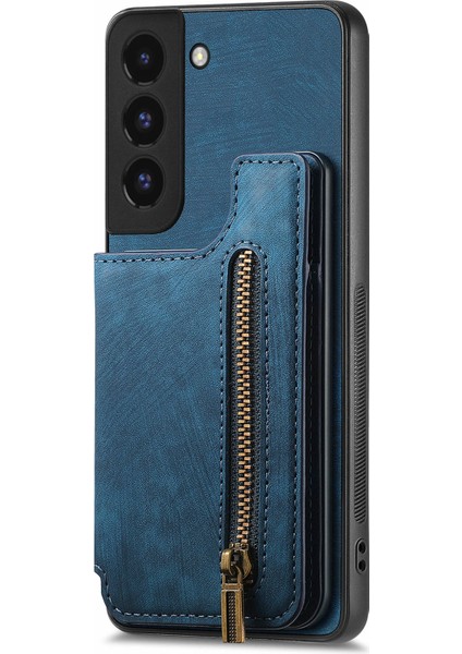 Samsung Galaxy S22+5G Retro Kılıf Kickstand Pu+Tpu Fermuarlı Cüzdan Telefon Kabuğu-Mavi (Yurt Dışından)