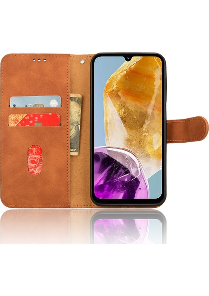 Samsung Galaxy M15 5g Kılıf Skin-Touch Deri Flip Standlı Telefon Kapağı-Kahverengi (Yurt Dışından)