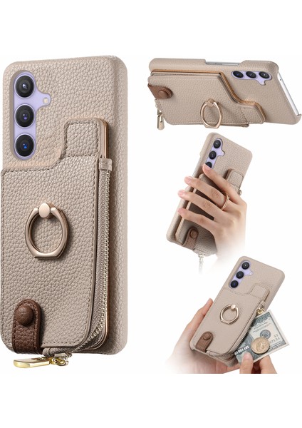 Samsung Galaxy S24+ Düşme Önleyici Kılıf Fermuar Deri Telefon Kapağı Rfıd Engelleme Halkası Kickstand-Haki (Yurt Dışından)