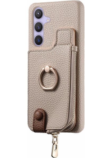 Samsung Galaxy S24+ Düşme Önleyici Kılıf Fermuar Deri Telefon Kapağı Rfıd Engelleme Halkası Kickstand-Haki (Yurt Dışından)