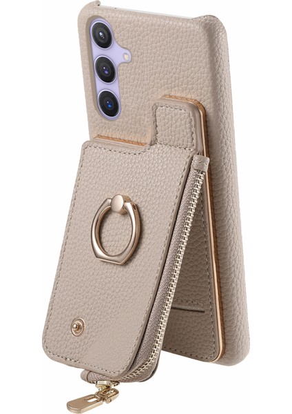 Samsung Galaxy S24+ Düşme Önleyici Kılıf Fermuar Deri Telefon Kapağı Rfıd Engelleme Halkası Kickstand-Haki (Yurt Dışından)
