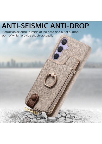Samsung Galaxy S24+ Düşme Önleyici Kılıf Fermuar Deri Telefon Kapağı Rfıd Engelleme Halkası Kickstand-Haki (Yurt Dışından)