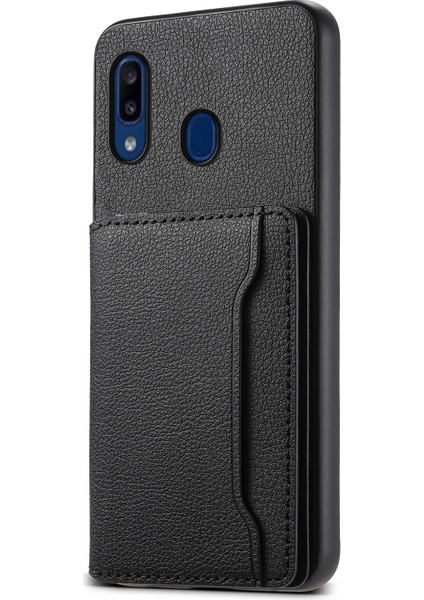 Samsung Galaxy A20 Kickstand Kılıf Tpu+Pc+Pu Kart Yuvalı Telefon Kılıfı-Siyah (Yurt Dışından)