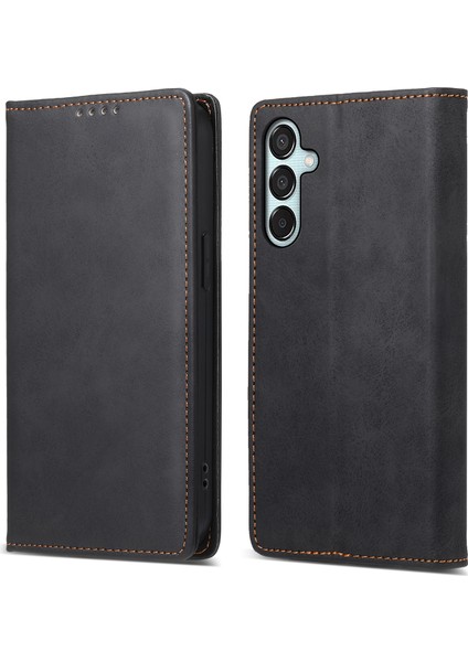 Samsung Galaxy M15 5g Kılıf Pu Deri Gizli Mıknatıslı Folyo Telefon Kapağı-Siyah (Yurt Dışından)