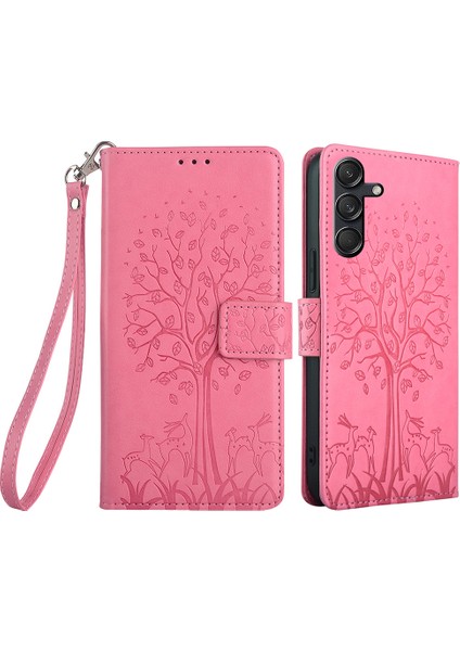 Samsung Galaxy M55 5g Kılıf Ağaç Desenli Baskılı Cüzdan Standlı Deri Telefon Kılıfı-Pembe (Yurt Dışından)