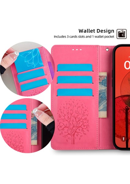 Samsung Galaxy M55 5g Kılıf Ağaç Desenli Baskılı Cüzdan Standlı Deri Telefon Kılıfı-Pembe (Yurt Dışından)