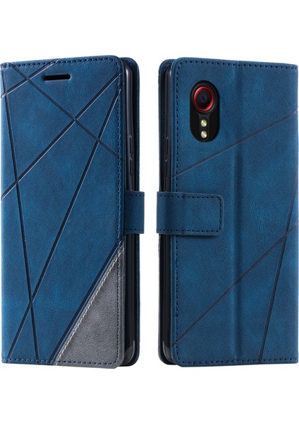 Samsung Galaxy Xcover 5 Cüzdan Kılıf Çizgileri Baskılı Pu Deri Telefon Arka Kapak-Mavi (Yurt Dışından)