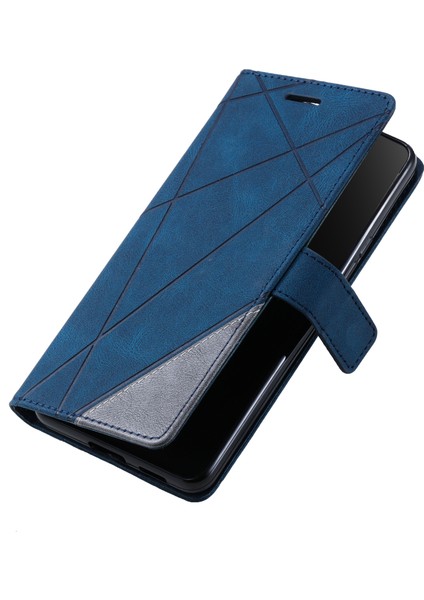Samsung Galaxy Xcover 5 Cüzdan Kılıf Çizgileri Baskılı Pu Deri Telefon Arka Kapak-Mavi (Yurt Dışından)