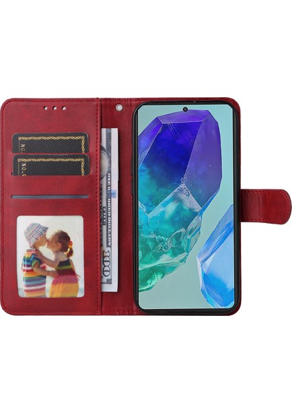 Samsung Galaxy M55 5g 3 Kart Yuvalı Deri Kılıf Cep Telefonu Kapağı-Kırmızı (Yurt Dışından)