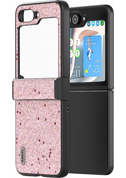 Samsung Galaxy Z Flip6 5g Kılıf Pu Deri+Pc Parıltılı Telefon Kapağı Menteşe Tasarımlı-Pembe (Yurt Dışından)