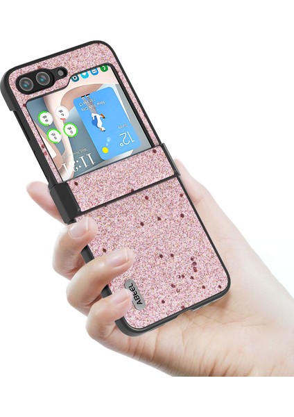 Samsung Galaxy Z Flip6 5g Kılıf Pu Deri+Pc Parıltılı Telefon Kapağı Menteşe Tasarımlı-Pembe (Yurt Dışından)