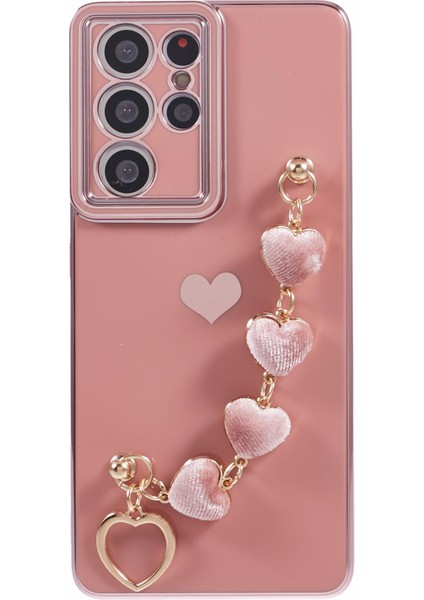 Samsung Galaxy S21 Ultra 5g Kılıf Peluş Aşk-Kalp Askı-Pembe ile Galvanik Tpu Telefon Kılıfı Için (Yurt Dışından)