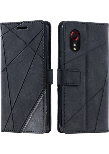 Samsung Galaxy Xcover 5 Cüzdan Kılıf Çizgileri Baskılı Pu Deri Telefon Arka Kapak-Siyah (Yurt Dışından)