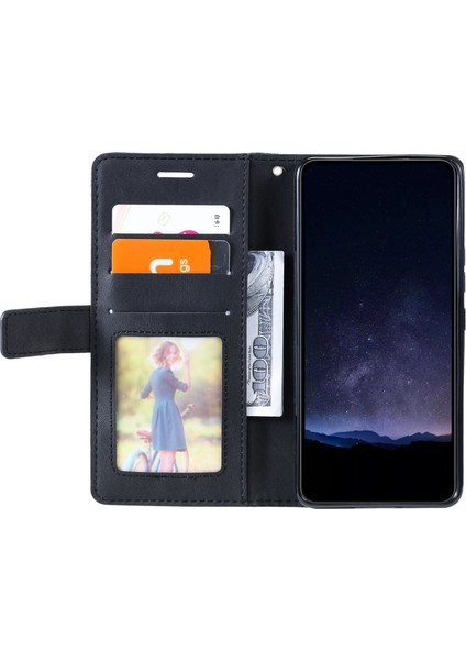Samsung Galaxy Xcover 5 Cüzdan Kılıf Çizgileri Baskılı Pu Deri Telefon Arka Kapak-Siyah (Yurt Dışından)