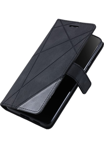 Samsung Galaxy Xcover 5 Cüzdan Kılıf Çizgileri Baskılı Pu Deri Telefon Arka Kapak-Siyah (Yurt Dışından)