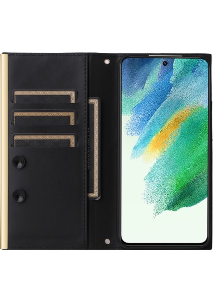 Samsung Galaxy S21 Fe 5g Deri Kılıf Vantuzlu 3 Kart Yuvalı Telefon Kapağı-Siyah (Yurt Dışından)