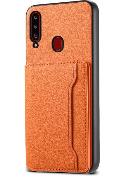 Samsung Galaxy A20S Telefon Kılıfı Kart Yuvaları Kickstand Telefon Kapağı Buzağı Dokusu-Turuncu (Yurt Dışından)