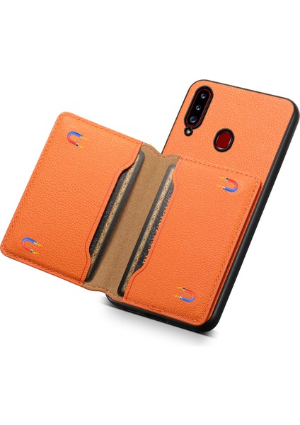 Samsung Galaxy A20S Telefon Kılıfı Kart Yuvaları Kickstand Telefon Kapağı Buzağı Dokusu-Turuncu (Yurt Dışından)