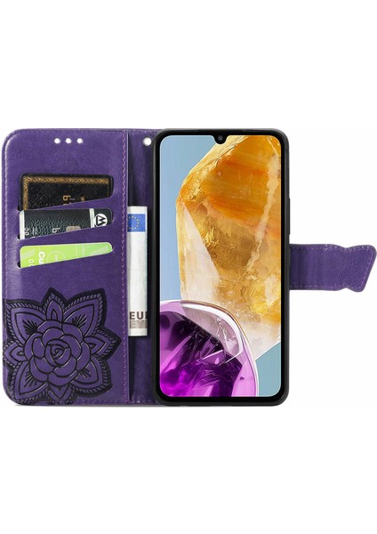 Samsung Galaxy M15 5g Kılıf Desenli Pu Deri El Askısı Cüzdan Çanta Telefon Kapağı-Koyu Mor (Yurt Dışından)