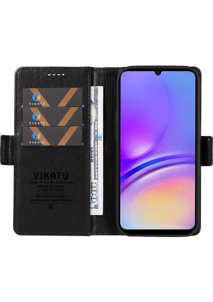 Samsung Galaxy A05 4g Deri Kılıf Litchi Dokulu Düşmeyi Önleyici Telefon Kapağı-Siyah (Yurt Dışından)