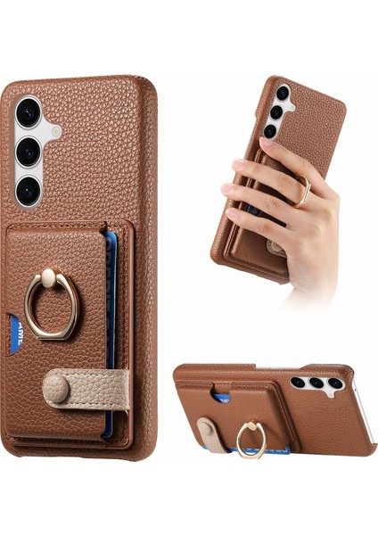 Samsung Galaxy S24+ Kılıf Için Damla Korumalı Kart Tutucu Telefon Kılıfı Halkalı Kickstand-Kahverengi (Yurt Dışından)