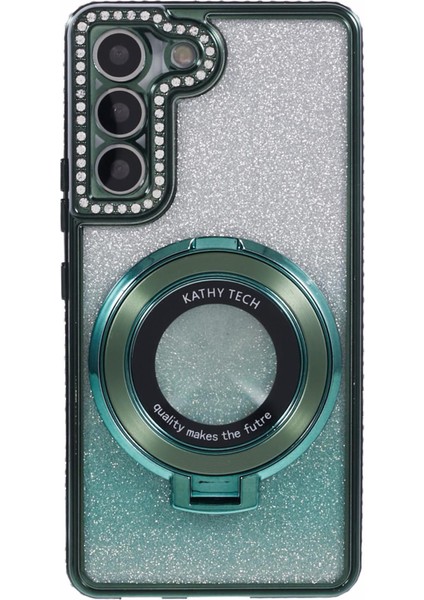 Samsung Galaxy S22 5g Tpu Kılıf Yüzüklü Kickstand Parlak Taşlı Telefon Kapağı-Gece Yarısı Yeşili (Yurt Dışından)
