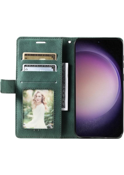 Samsung Galaxy S23+ Kılıf Telefon Cüzdan Deri Kapak Ten Dokunuşlu Doku-Yeşil (Yurt Dışından)