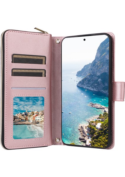Samsung Galaxy S23 Fe Kılıf Eşkenar Dörtgen Fermuar Cep Deri Telefon Kılıfı Sapanlar-Gül Altın (Yurt Dışından)