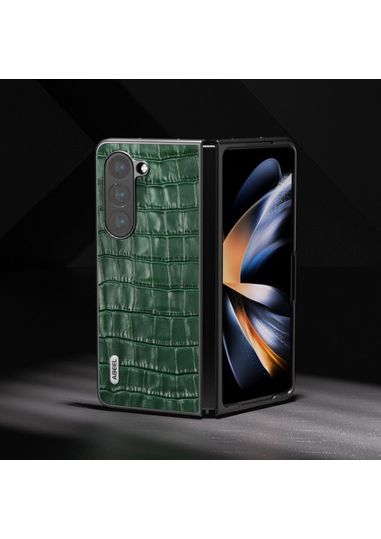 Samsung Galaxy Z Fold6 5g Kılıf Timsah Dokulu Hakiki Inek Derisi+Pc Telefon Kapağı-Yeşil (Yurt Dışından)