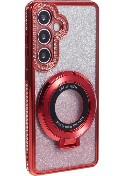 Samsung Galaxy S24+ Kılıf Için Taşlı Lens Çerçevesi Gradyan Yumuşak Tpu Telefon Kapağı, Kickstand-Kırmızı (Yurt Dışından)