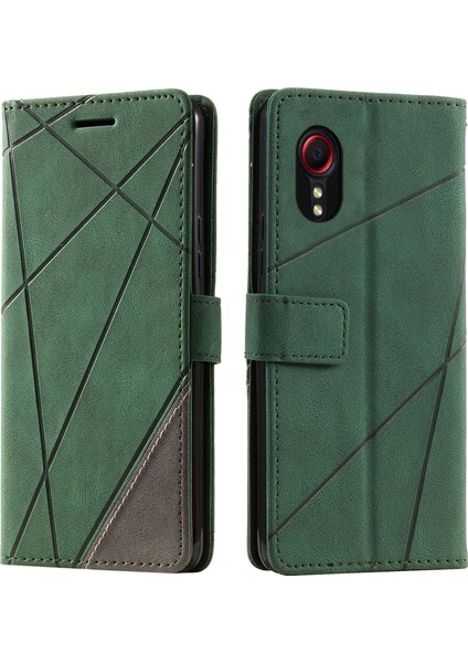 Samsung Galaxy Xcover 5 Cüzdan Kılıf Hatları Baskılı Pu Deri Telefon Arka Kapak-Yeşil (Yurt Dışından)