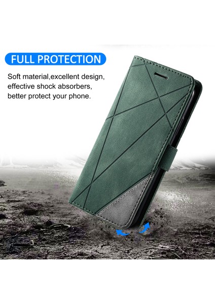 Samsung Galaxy Xcover 5 Cüzdan Kılıf Hatları Baskılı Pu Deri Telefon Arka Kapak-Yeşil (Yurt Dışından)