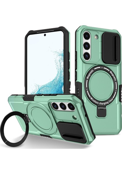 Samsung Galaxy S22+5G Kickstand Kılıf Pc+Tpu Lens Kapaklı Manyetik Telefon Kabuğu-Açık Yeşil (Yurt Dışından)