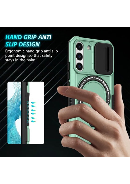 Samsung Galaxy S22+5G Kickstand Kılıf Pc+Tpu Lens Kapaklı Manyetik Telefon Kabuğu-Açık Yeşil (Yurt Dışından)
