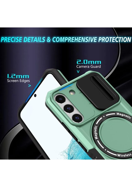 Samsung Galaxy S22+5G Kickstand Kılıf Pc+Tpu Lens Kapaklı Manyetik Telefon Kabuğu-Açık Yeşil (Yurt Dışından)